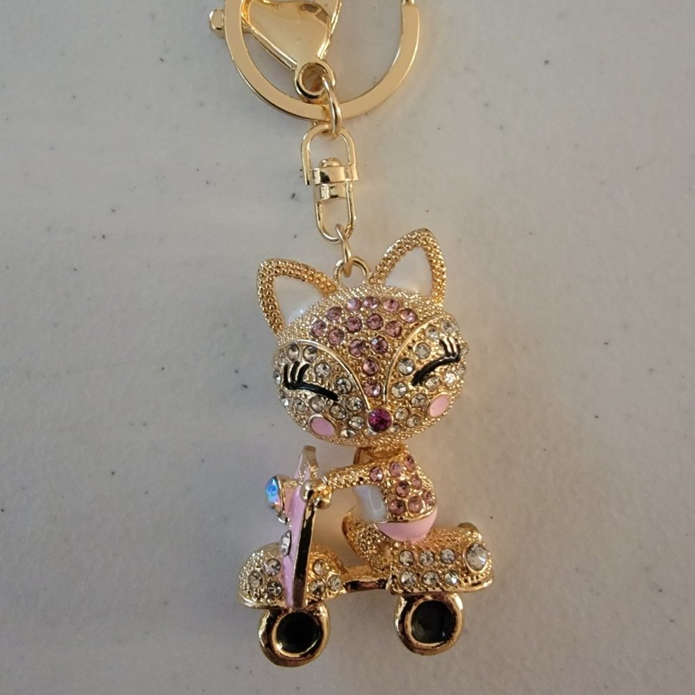 Rhinestone Cat Purse Charm Keychain Pink Crystal Kitty Scooter Handbag Charm - Picture 3 of 6